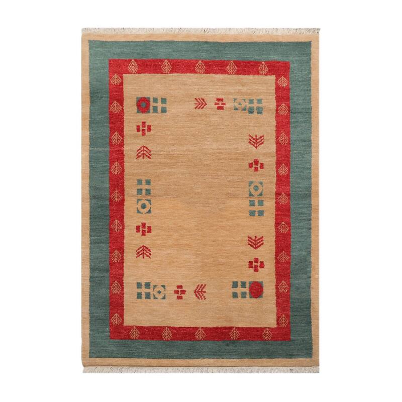 Hand Knotted Gabbeh Beige,Tan Pictorial Wool Modern Oriental Area Rug - 4' 1'' x 6'