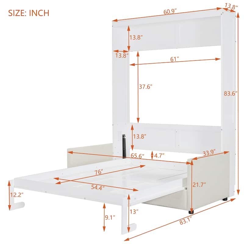 Full Size Wall Bed with Built-In Sofa and Storage, Space-Saving Murphy Bed with Fold-Out Design