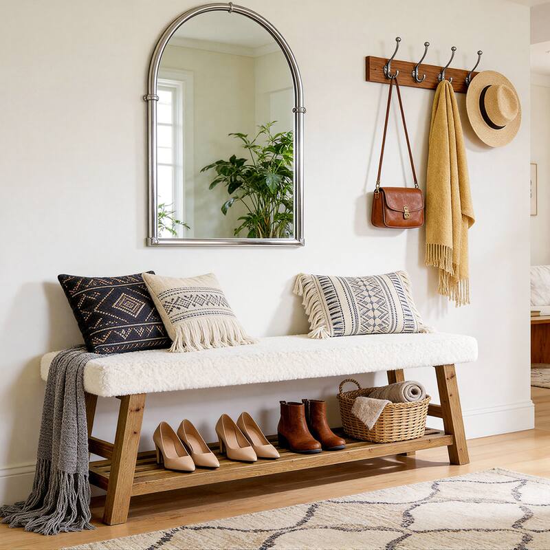 55 Inch Upholstered Entryway Bench with Cushion, Solid Wood Shoe Rack Bench with Shelf for Bedroom, Kitchen, Dining Room