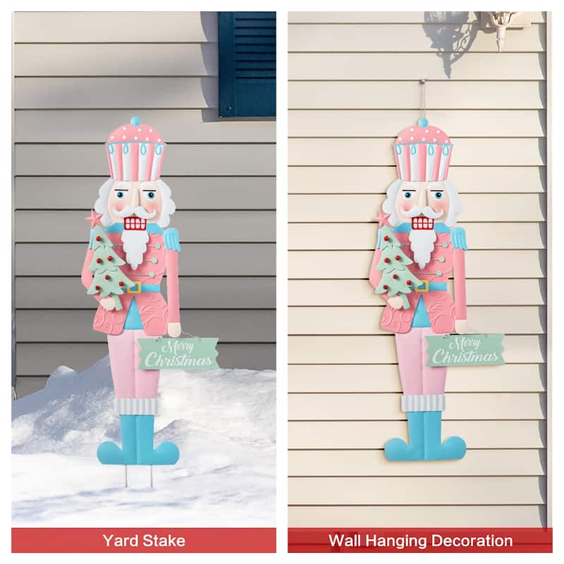 Glitzhome 36"H Metal Christmas Pink Nutcracker Yard Stake Wall Decor - Multi