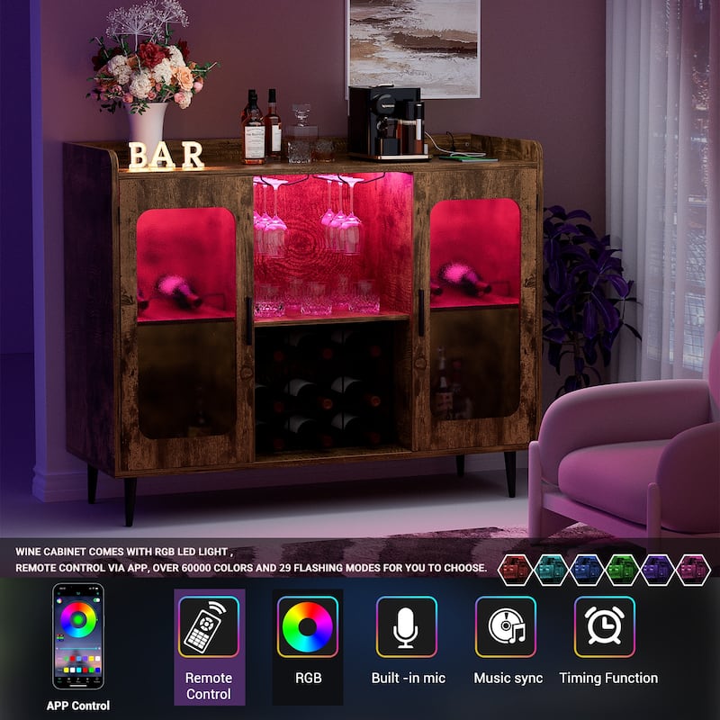 Farmhouse Rustic Accent Cabinet with LED Light USB Port, Sideboard Buffet Home Bar