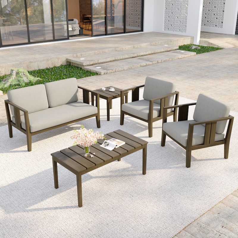 5-Piece Casual Outdoor Patio Furniture Set In Solid Teak Wood - Natural Wood - Light Camel
