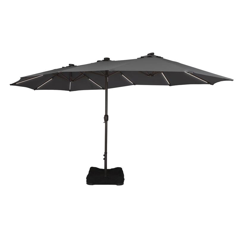15 Ft Outdoor Solar Detachable Lights Rectangular Crank Market Umbrella with Base - Grey
