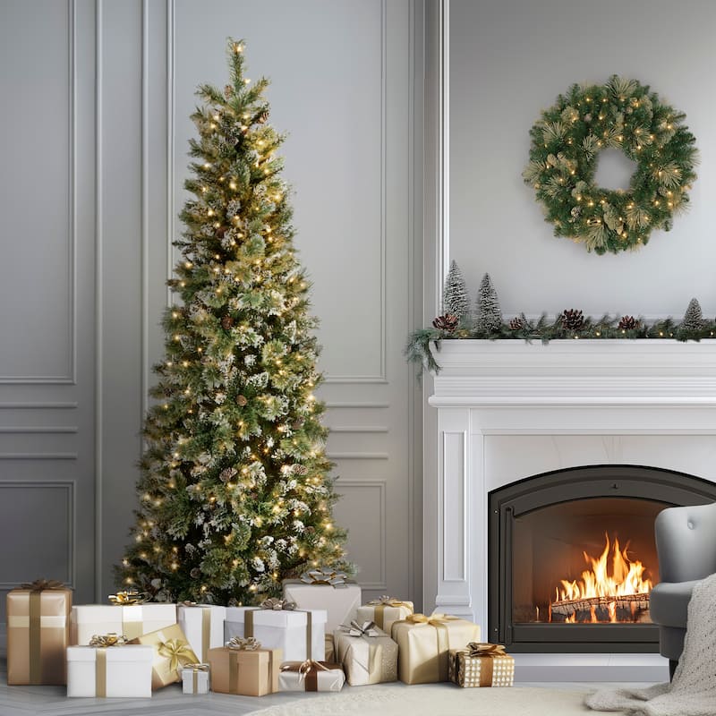 National Tree Company 7.5 ft. Glittery Bristle Slim Pine Hinged Tree with White Tipped Cones - 7.5 Foot