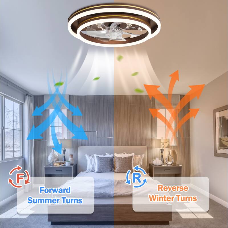Oaks Aura 20in. LED Smart App Remote Control Low Profile Dual Tier Ceiling Fan Flush Mount Dimmable Bedroom Lighting