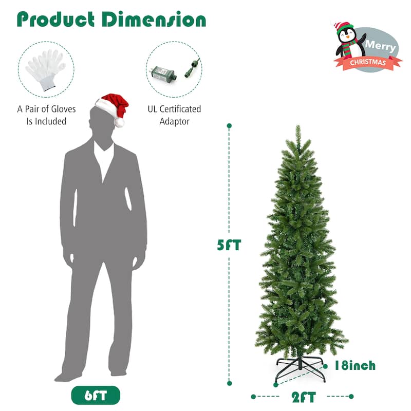 Gymax 5FT Hinged Pre-lit Christmas Slim Pencil Tree w/ 10 Lighting