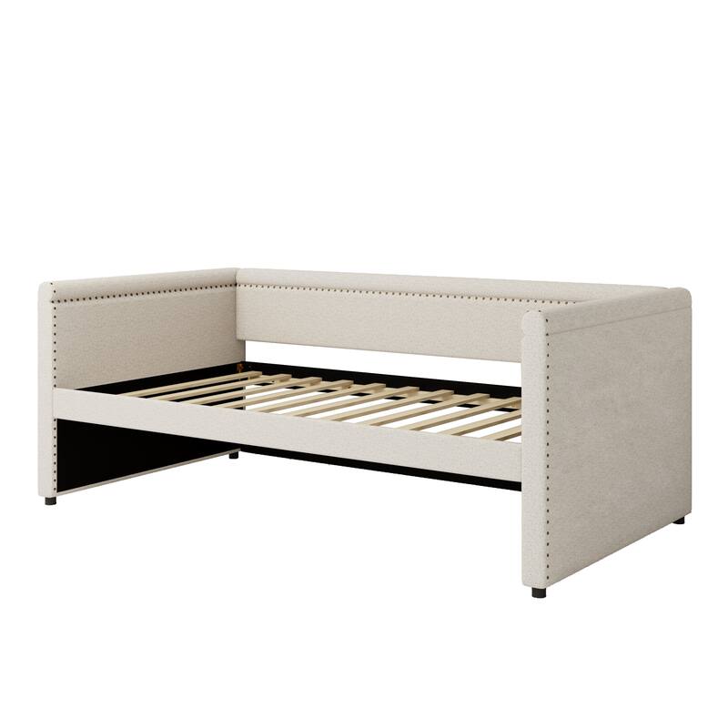Twin Size Upholstered Daybed with Twin Trundle, Solid Wood Sofa Bed Frame with Nailhead Trim for Guest Room & Small Bedroom
