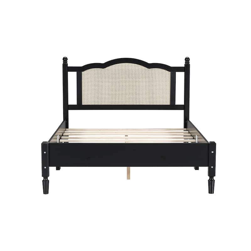 Queen/Full Size Wood Platform Bed with Natural Rattan Headboard, Vintage Bed Frame