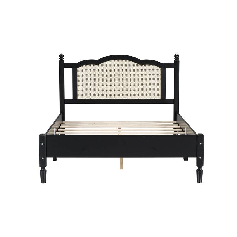 Wooden Frame Platform Bed Classic Bed Frame with Rattan Headboard, Bed Foot and Head Arc Design for Coastal Bohemian Bedroom