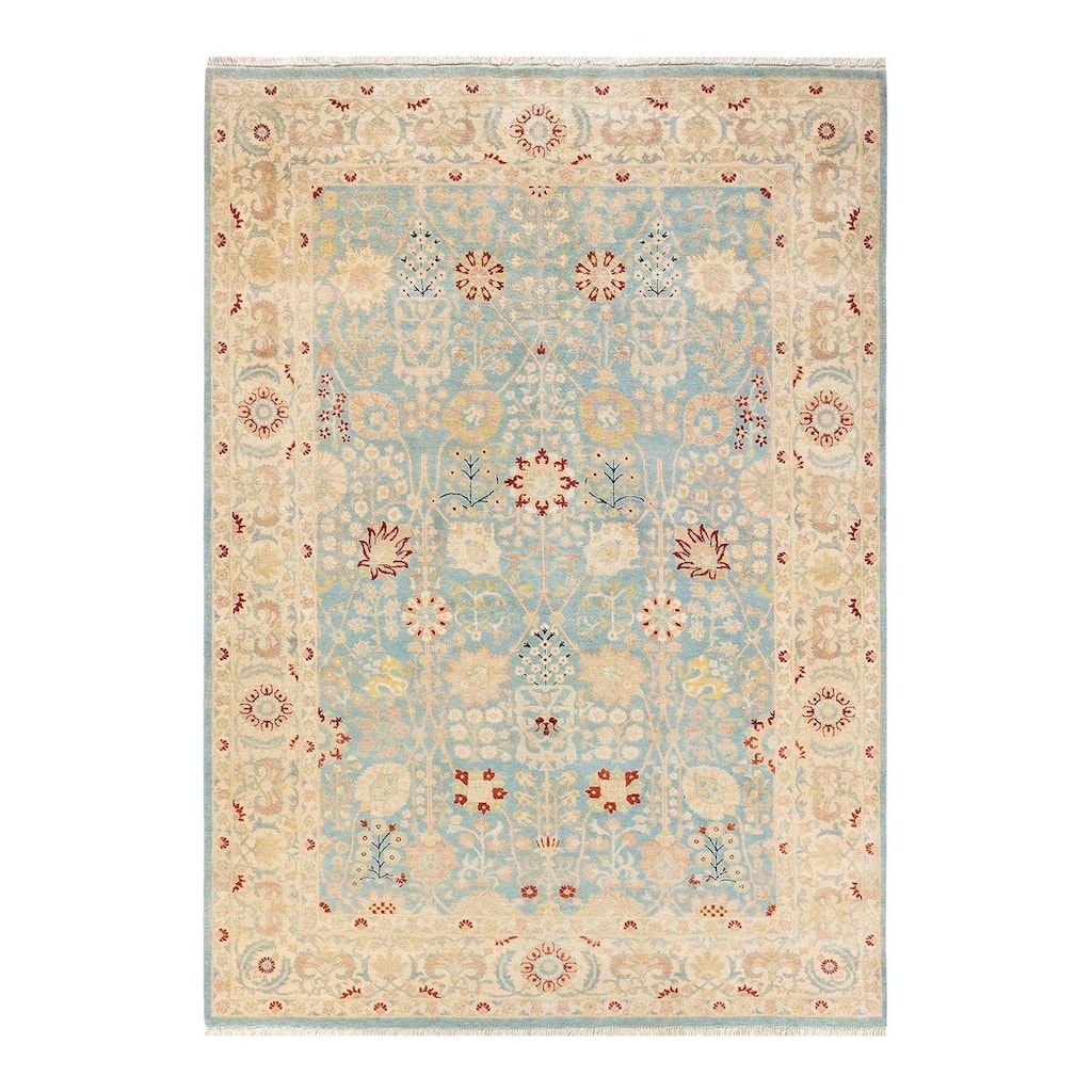 Overton Hand Knotted Wool Vintage Inspired Modern Contemporary Eclectic Light Blue Area Rug - 6' 2" x 8' 7"