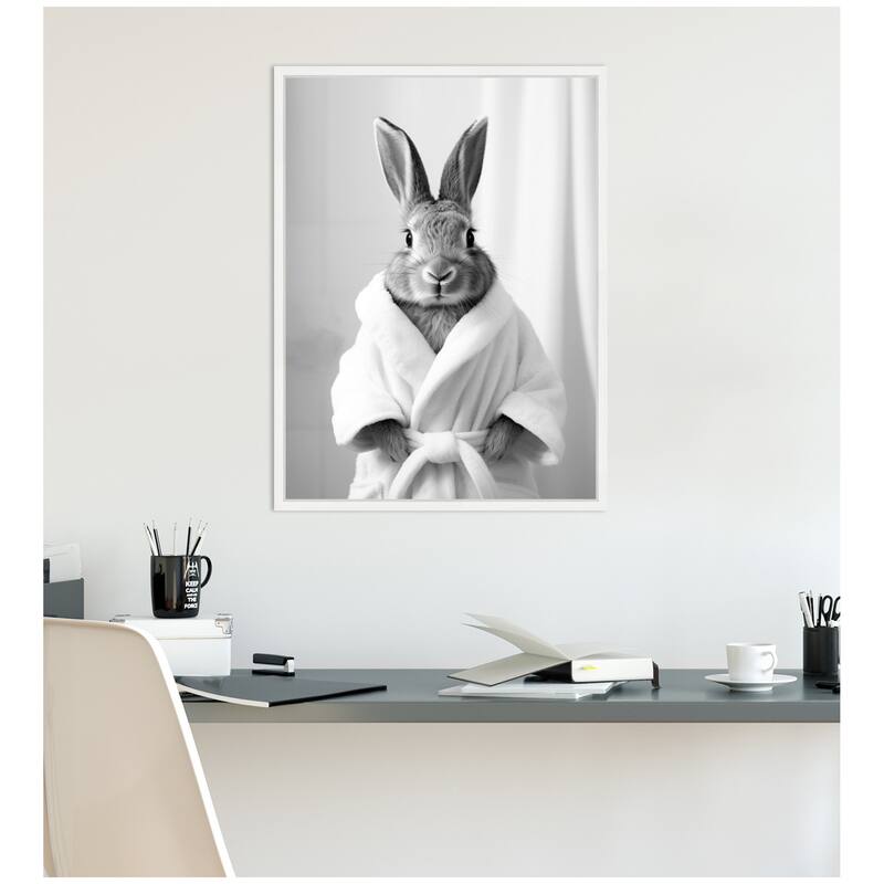 Kate and Laurel Sylvie Bunny Bathroom Art Towel Robe Black and White Framed Canvas by The Creative Bunch Studio