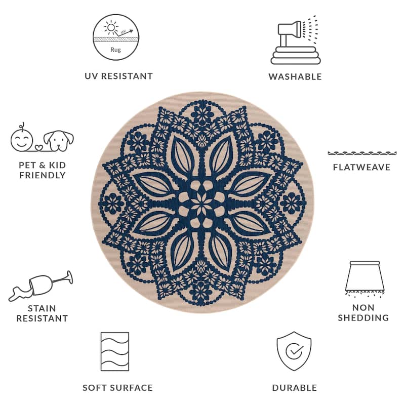 SAFAVIEH Courtyard Bosiljka Waterproof Backyard Patio Rug - 6'7" Round - Beige/Navy