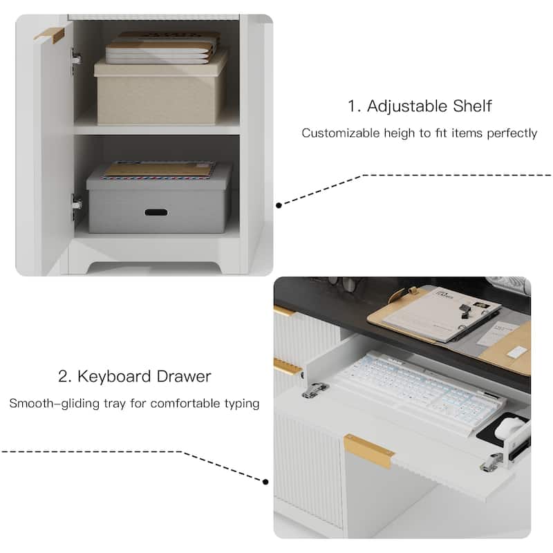 Pocassy Fluted Office Desk with Power Outlets Long Monitor Stand