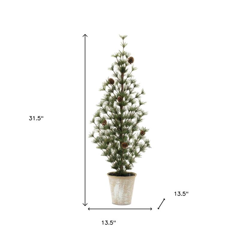 HomeRoots Set of Two 32" Mini Artificial Pine Trees With Pinecones In Rustic Brown Pots - 13.50 in. x 31.50 in. x 13.50 in.