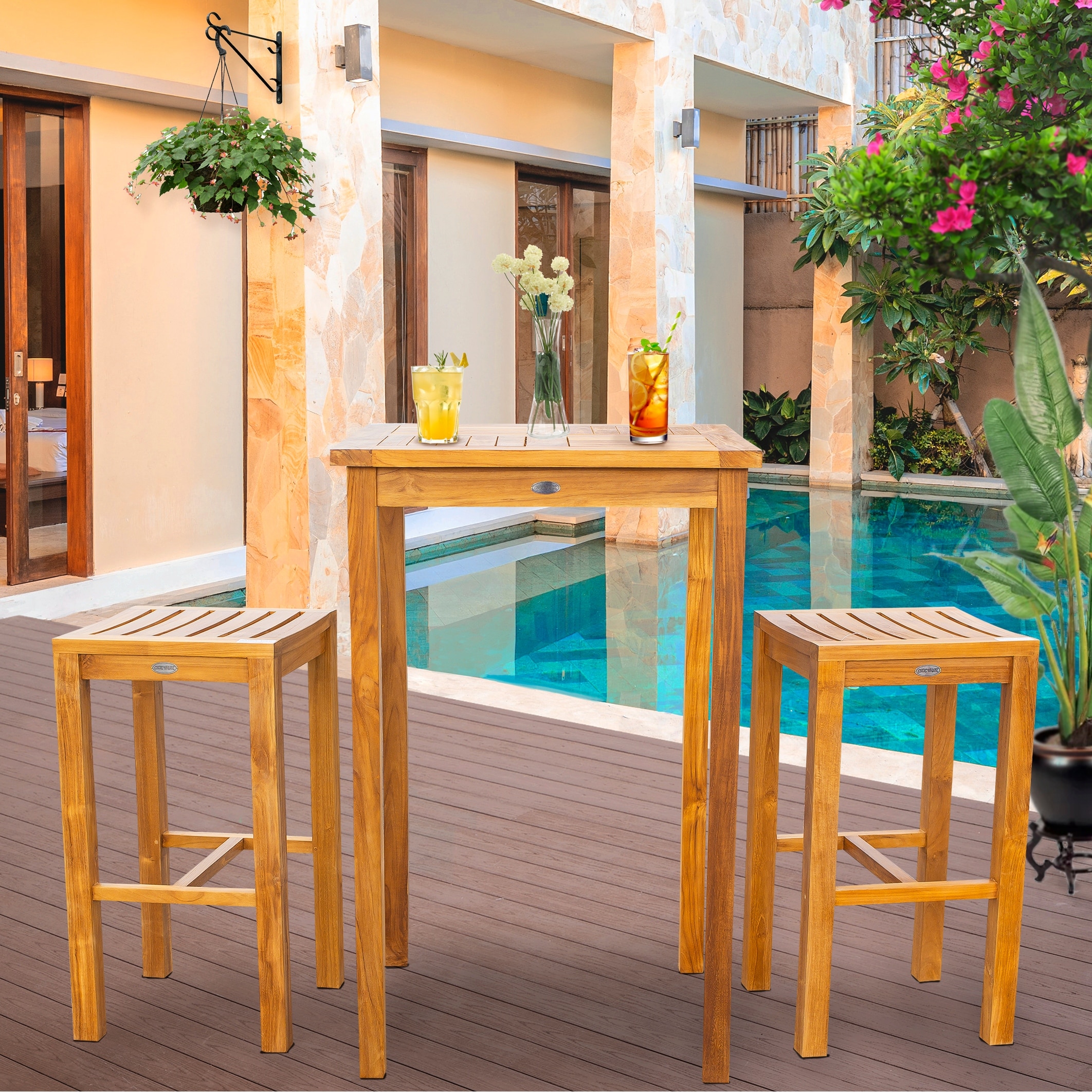 Chic Teak Piece Teak Wood Havana Small Patio Bistro Bar Set with