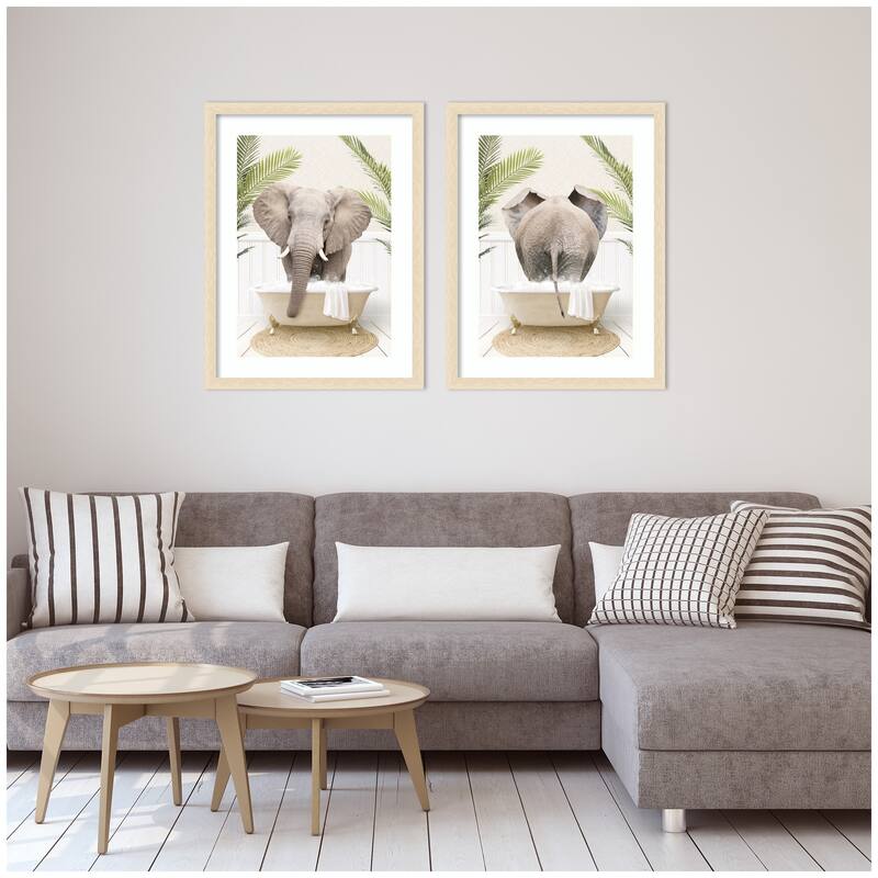 Kate and Laurel Elephant Palm Bathtub 2 Piece Framed Wall Art Print Set by Amy Peterson