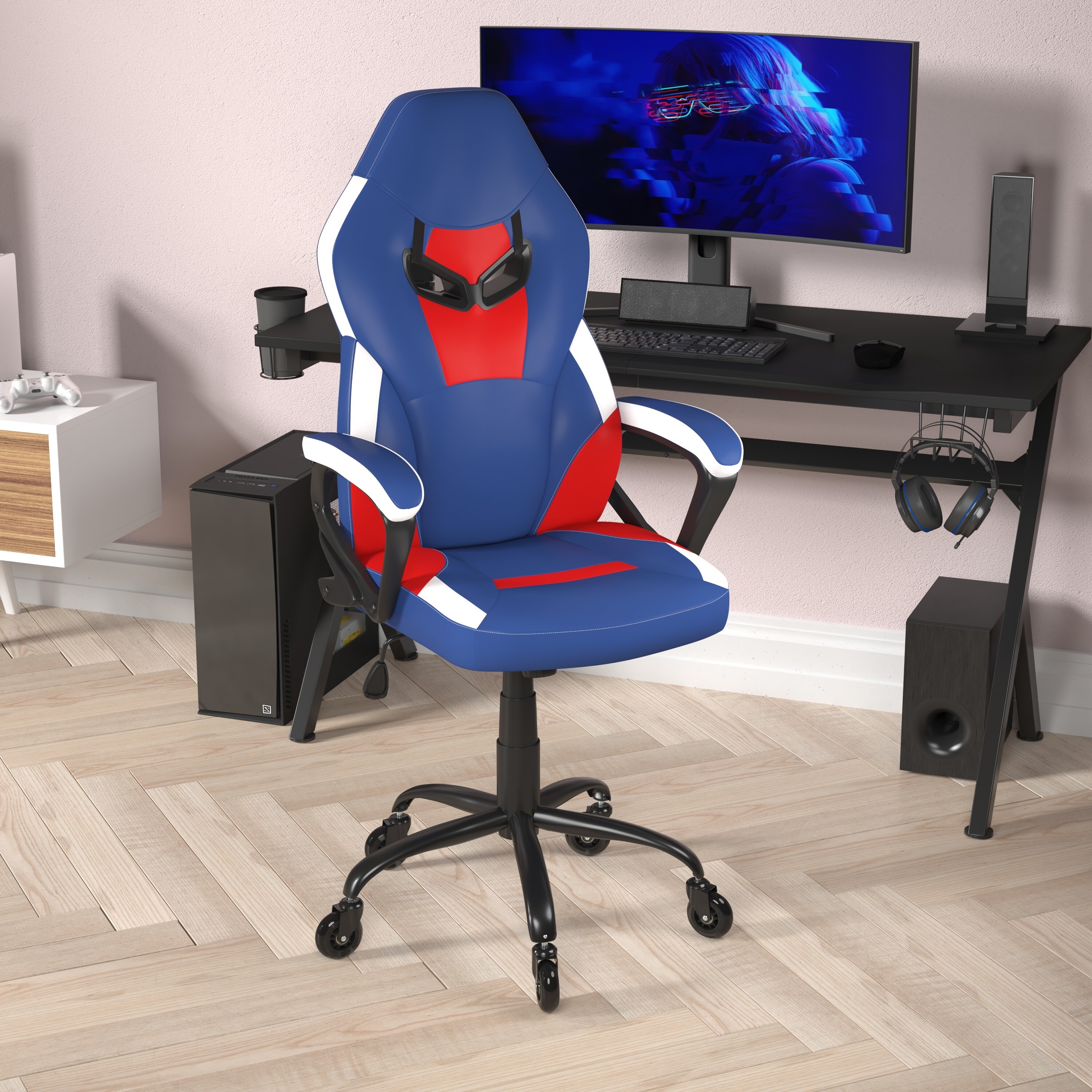 Furniwell Gaming Chair with Lumbar Support Height Adjustable with  360°-Swivel Seat and Headrest for Office or Gaming