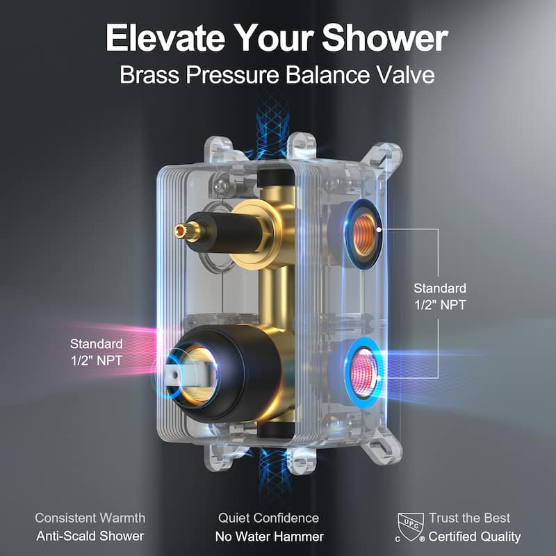 GRANDJOY Dual Shower Kit with Round Rainfall Head and Hand Shower, Lever Control Valve
