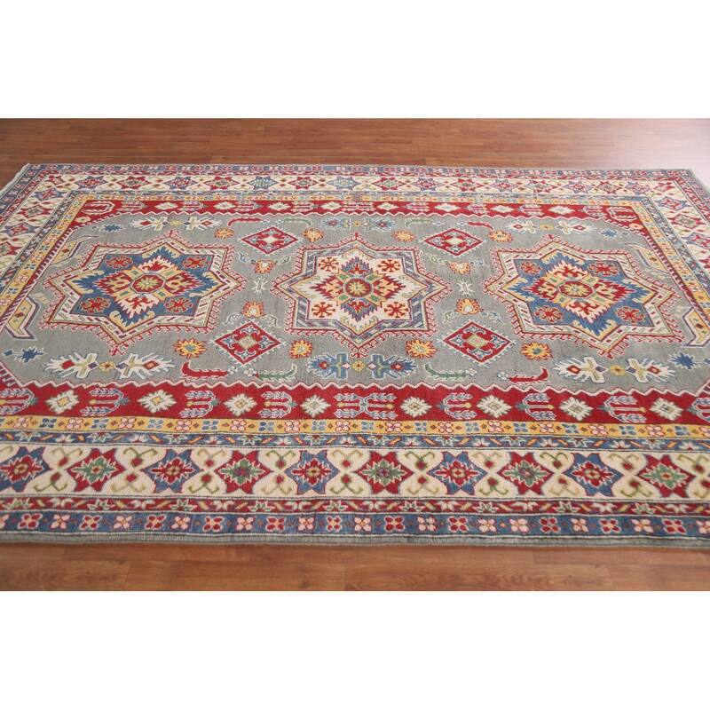 Hand Knotted Oriental 100% Wool Carpet Traditional Geometric Greys & Charcoal Kazak Area Rug - 9' 10'' X 6' 6''