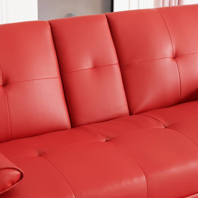 Roomfitters 67-Inch Red Faux Leather Convertible Futon Sofa Bed, Modern Sleeper Couch with Cup Holders for Small Spaces