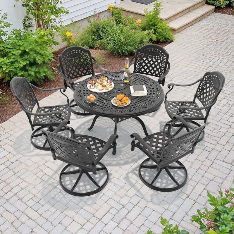 7-Piece Aluminum Round Outdoor Patio Dining Set, 6 Cushioned Swivel Chairs, Table, All-Weather Frames