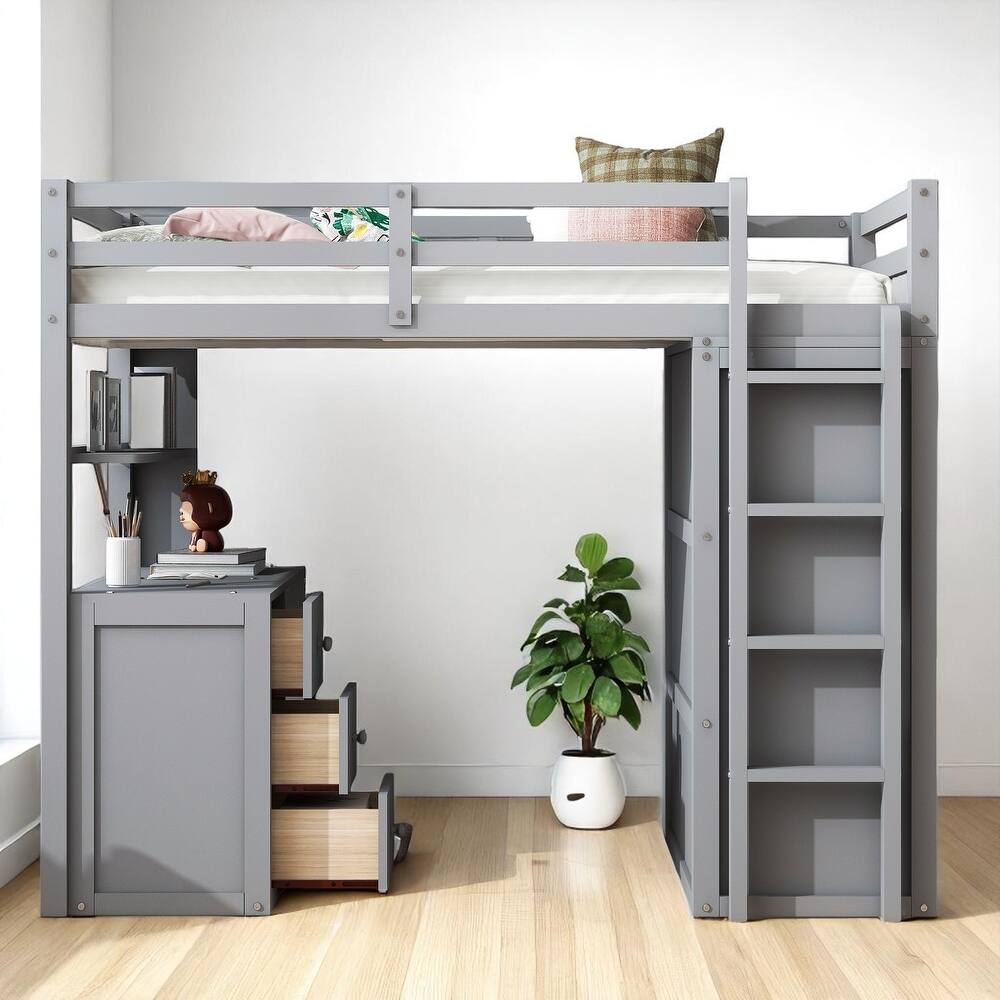 Wooden Twin/Full Loft Bed with Built-in Desk, Wardrobe Closet & Storage Drawers, Guardrail Design