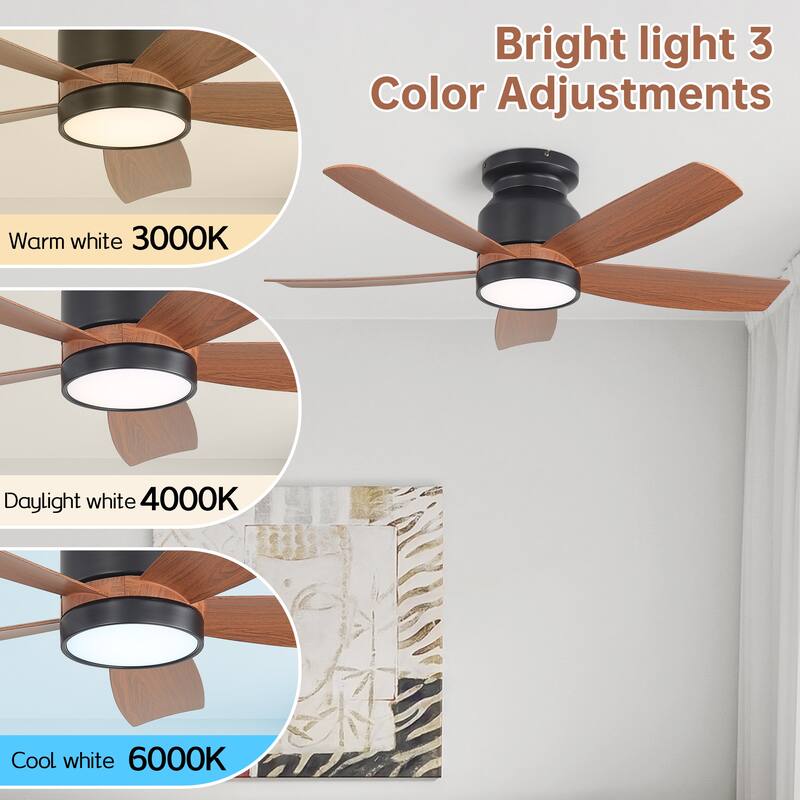 42 Inch Matte Black Ceiling Fan with LED Light and 6 Speed Remote Control Reversible DC Motor for Bedroom Living Room