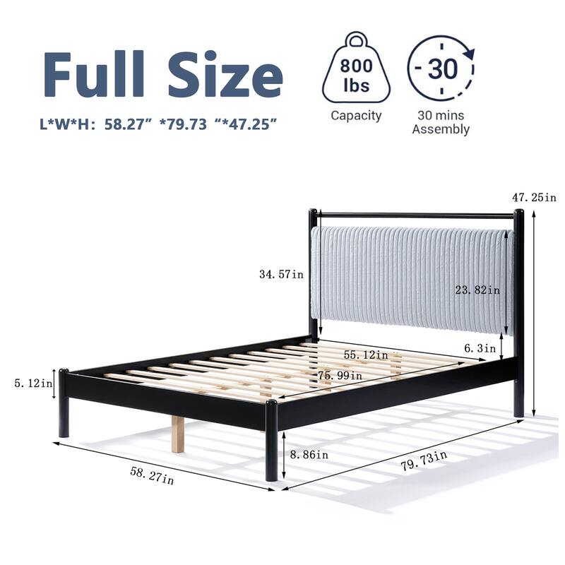 Full size Wood Bed Frame with Fluffy Soft Headboard,Grey+Black Frame