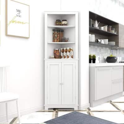 67.9" White Linen Corner Cabinet with 2 Doors & 3 Open Shelves - Tall Storage