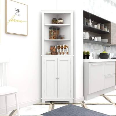 67.9" White Linen Corner Cabinet with 2 Doors & 3 Open Shelves - Tall Storage