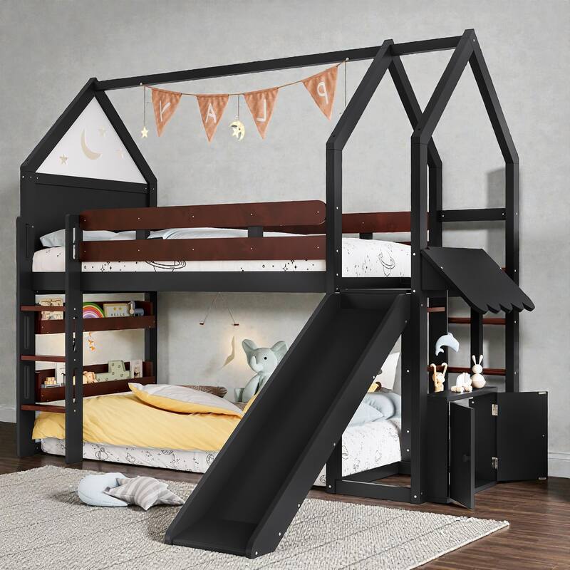 Twin Loft Bed with Slide and Bookshelf, Kids House Bed with Stairs, Safety Rails, Playful Design