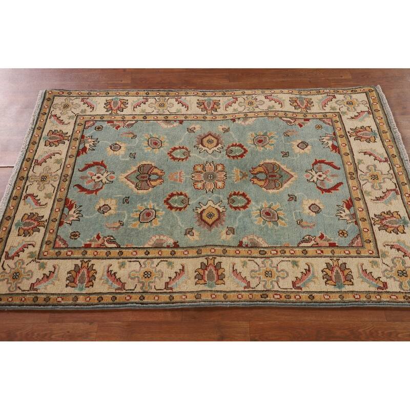 Light Blue Kazak Accent Rug Handmade Oriental Wool Carpet - 3'4"x 4'10"