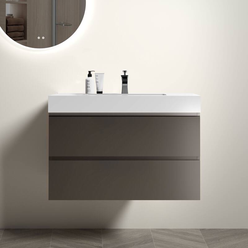 30" Wall-Mounted Bathroom Vanity with Double Door Storage, Solid Wood Frame, Space-Saving Design, Anti-Scratch Floor Mat - 35.8in L Particle Board - Gray
