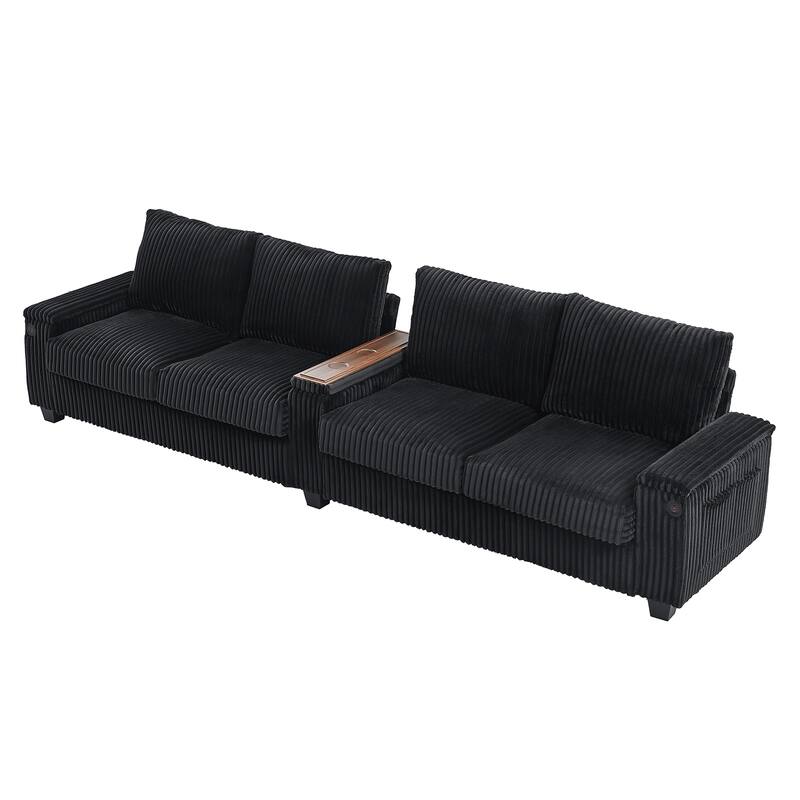 Roomfitters 4-Seater Corduroy Modern Sofa Couch with USB Ports Hidden Storage Arms & Flip-Top Cup Holders for Living Room