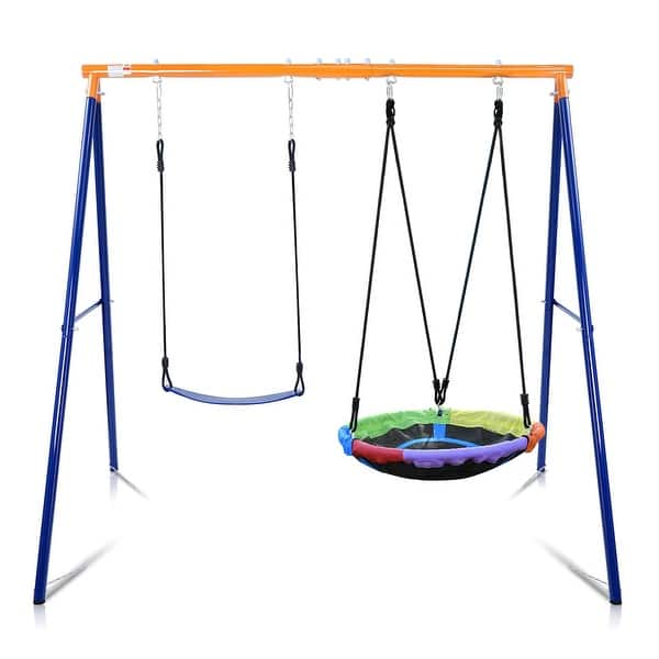 slide 2 of 6, Swing Set for Backyard with Heavy-Duty A-Frame Metal Outdoor Stand Kids - Swing Set - Blue & Orange
