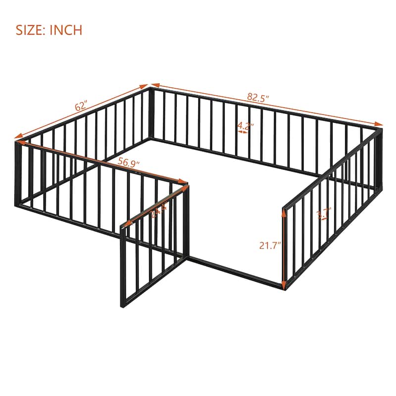 Toddler Floor Bed Queen Size Metal Frame Bed with Safety Fence & Door, Kids Platform Bed Metal