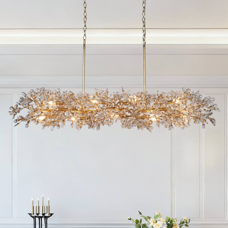 Aureflor 7-Light Antique Gold Foil Crystal Floral Island Chandelier for Kitchen Island Dining Room