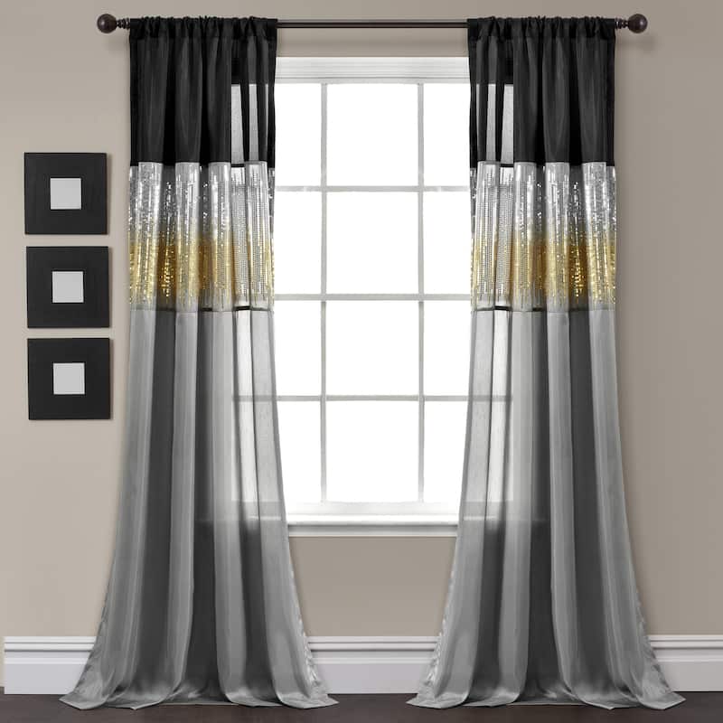 Silver Orchid Page Two-tone Faux Silk Glamorous Sequins Sparkle Single Curtain Panel - 84"L x 42"W - Black/Gold
