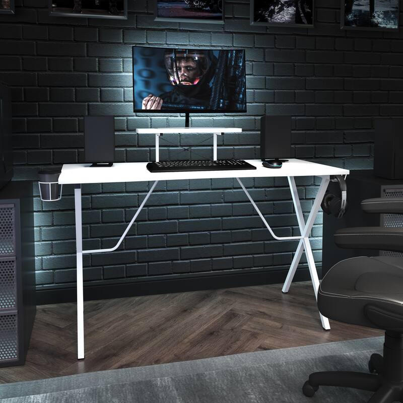 Gaming Desk with Cup Holder, Headphone Hook, and Monitor/Smartphone Stand - White
