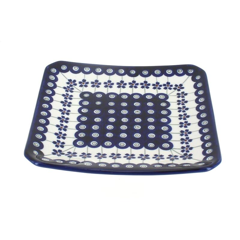 Blue Rose Polish Pottery 2040 Zaklady Square Dessert Plate - Flowering Peacock
