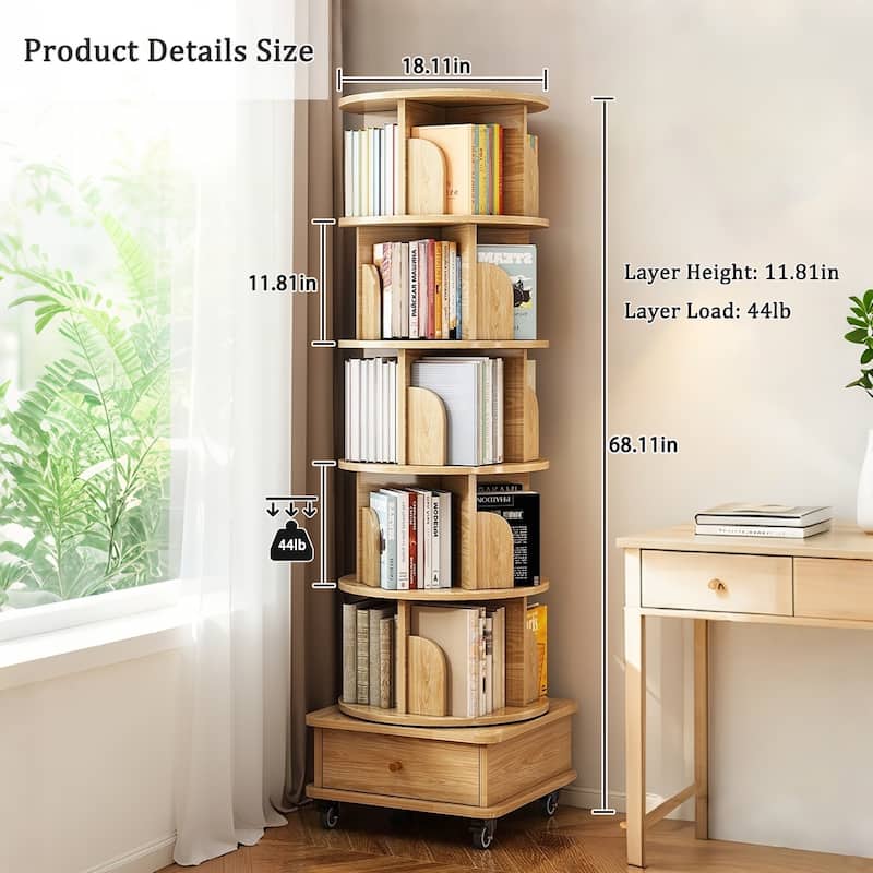 GDF Studio - Purling Modern 6-Tier Wood 360-Degree Rotating Bookshelf with Drawer Storage