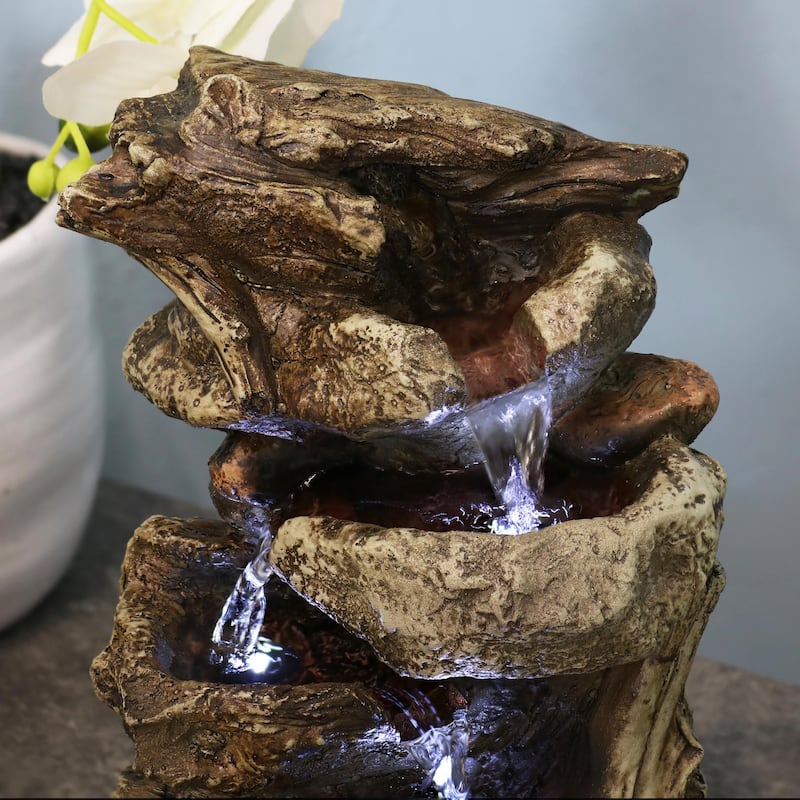 Sunnydaze Tiered Rock and Log Tabletop Fountain with LED Lights - 10.5-Inch