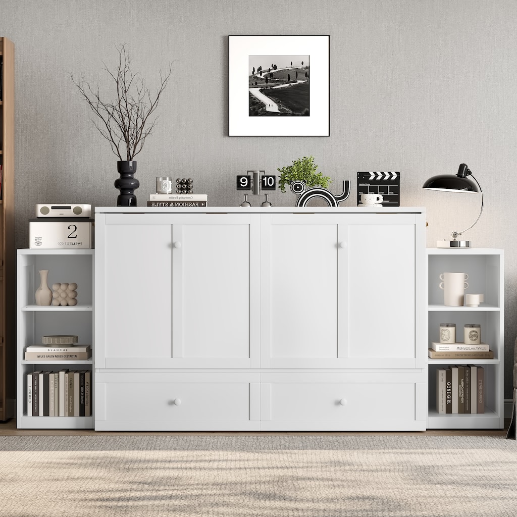 Foldable Wall Cabinet Queen Murphy Bed with Drawers and Open Shelves