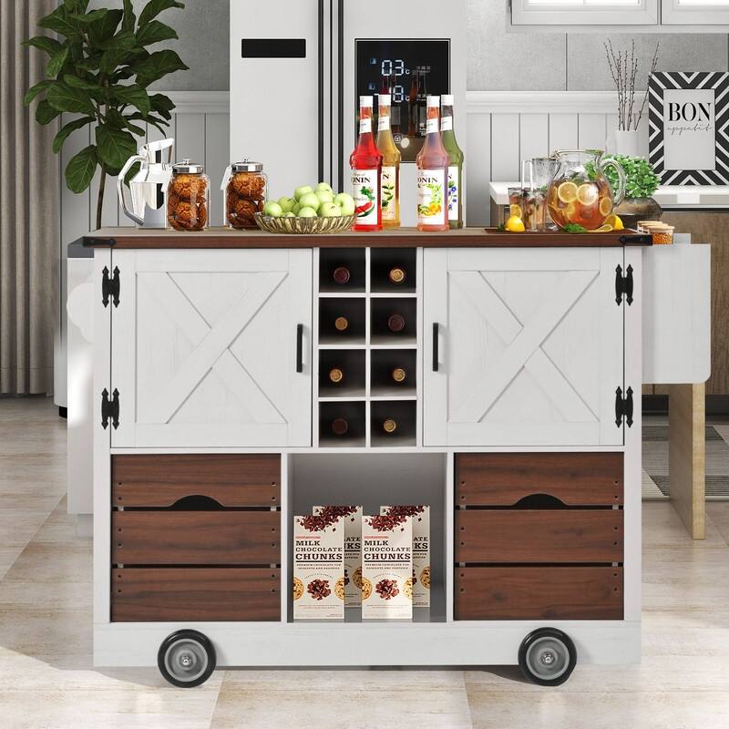 Farmhouse 54" Kitchen Island Cart with Drop Leaf Power Outlet, Rolling Kitchen Island on 4 Large Wheels with Spice Rack - White