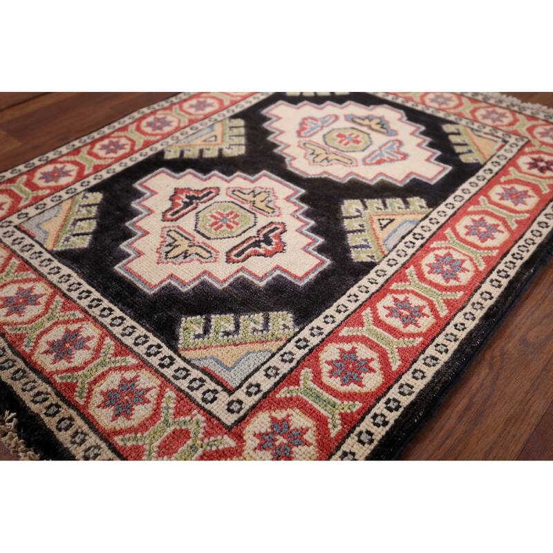 Black Geometric Kazak Oriental Foyer Rug Hand-Knotted Wool Carpet - 2'1" x 2'8"
