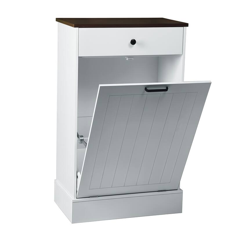 Tilt Out Trash Can Cabinet, Hidden Wooden Trash Can Cabinet with Drawer, Free Standing Garbage Cabinet, 10 Gallon Hamper Cabinet