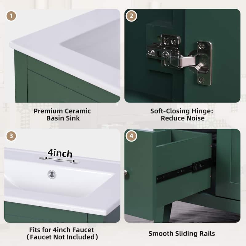 24" Bathroom Vanity with Ceramic Sink, Small Modern Cabinet with 2 Drawers & Adjustable Shelf, Soft-Closing Door