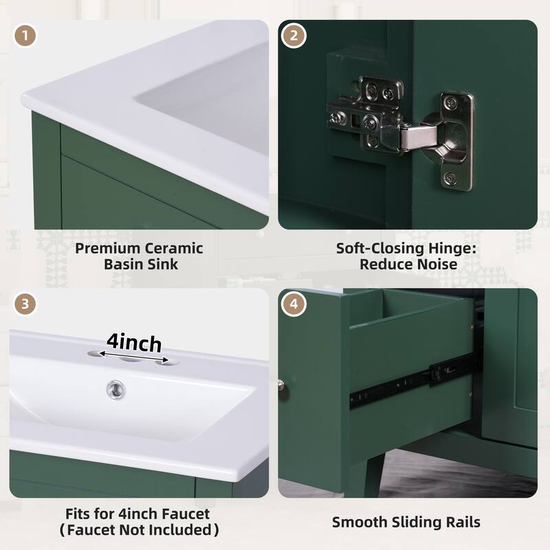 GDFStudio - Merivale Modern Bathroom Vanity with Ceramic Sink and 2 Soft-Closing Storage Drawers - 24'W