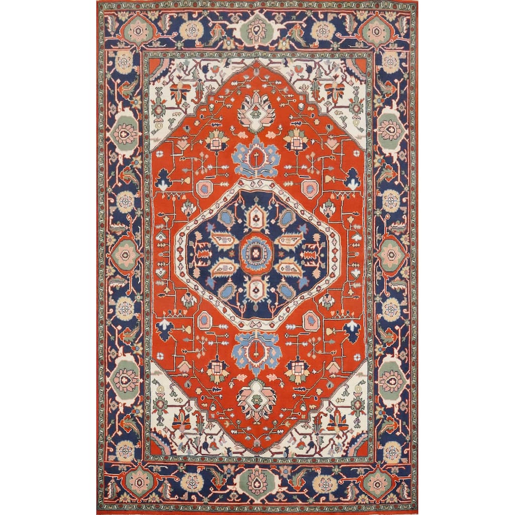 Hand Knotted Oriental 100% Wool Carpet Traditional Medallion Oranges & Rust Heriz (serapi) Area Rug - 8' 10'' X 6' 1''
