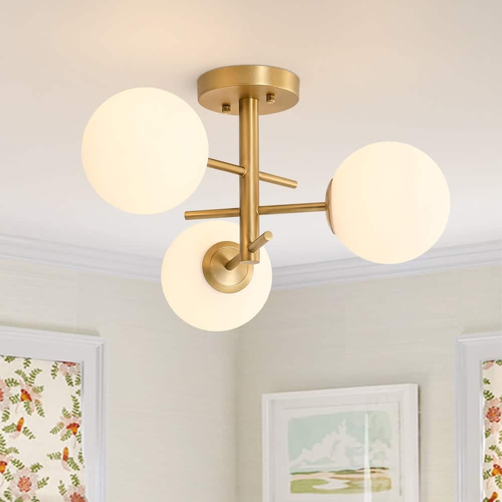 Mid-Century 3-Light Round Milky Glass Sputnik Semi Flush Ceiling Light